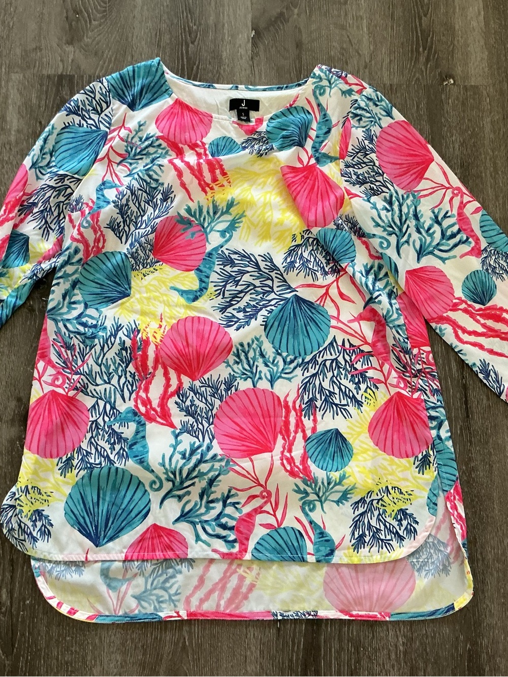 Jason Wu Resort Tunic Long Sleeve Seashell Print Top - White Pink Teal Yellow, S